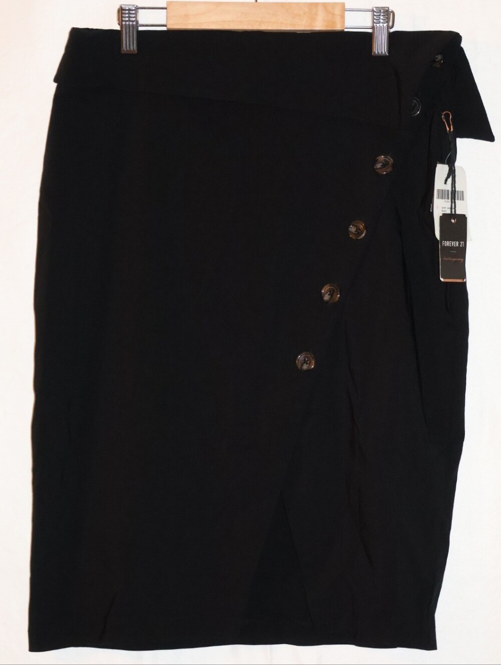 Forever 21 Black Contemporary Asymmetric Wrap-Style Button Pencil Skirt.